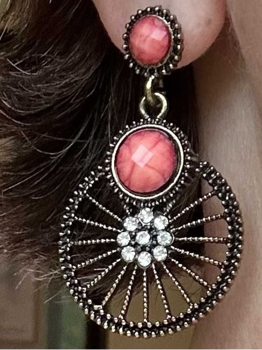 Pink Stone and Crystal Drop Earrings - Women Jewelry new - Picture 1 of 4